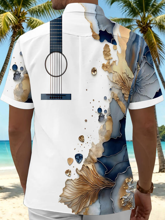 Art Gilded Abstract Marble Texture Guitar Men's Pocket Short Sleeve Shirts
