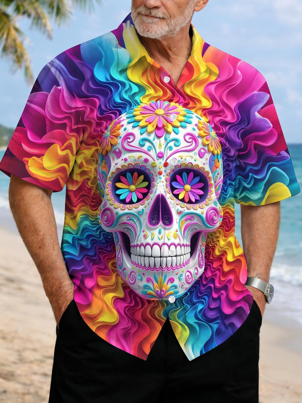 Colorful Skull Print Men's Pocket Short Sleeve Shirts