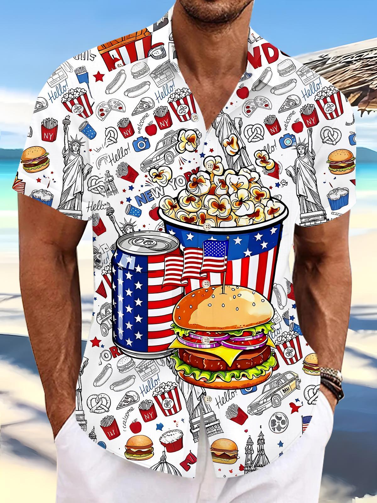 Independence Food Hamburger Popcorn Men's Pocket Short Sleeve Shirts