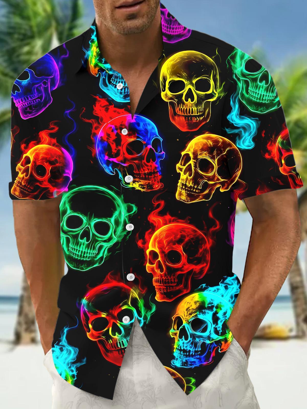 Colorful Skull Men's Pocket Short Sleeve Shirts
