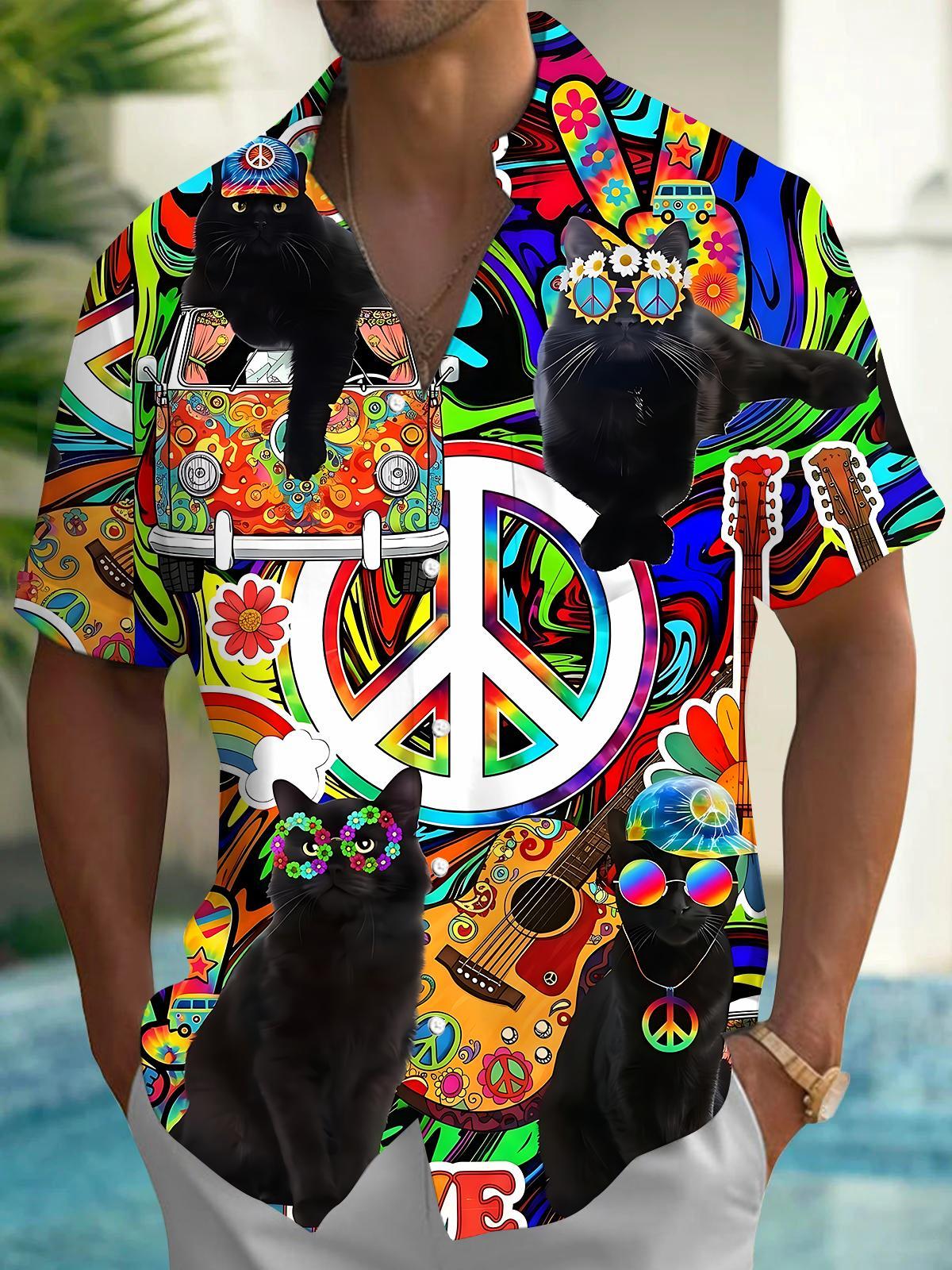 Hippie Cat Guitar Men's Pocket Short Sleeve Shirts