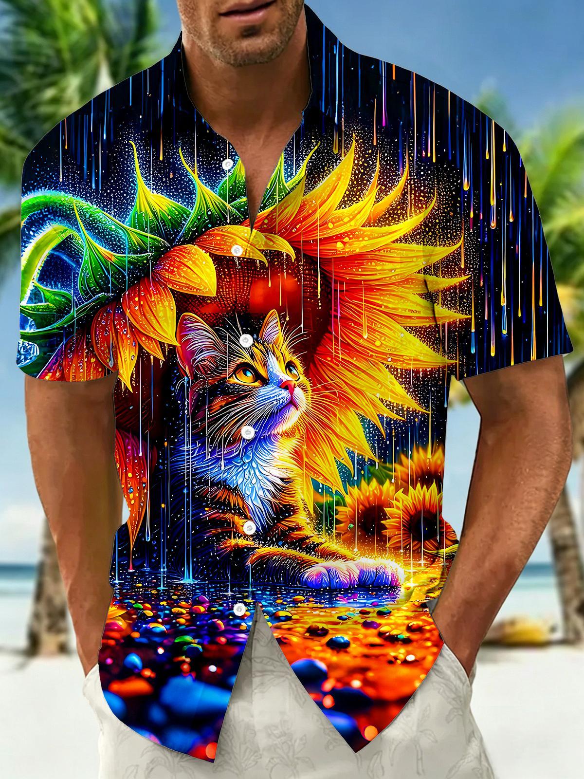 Fun Iridescent Sunflower Cat Rainy Night Men's Pocket Short Sleeve Shirts