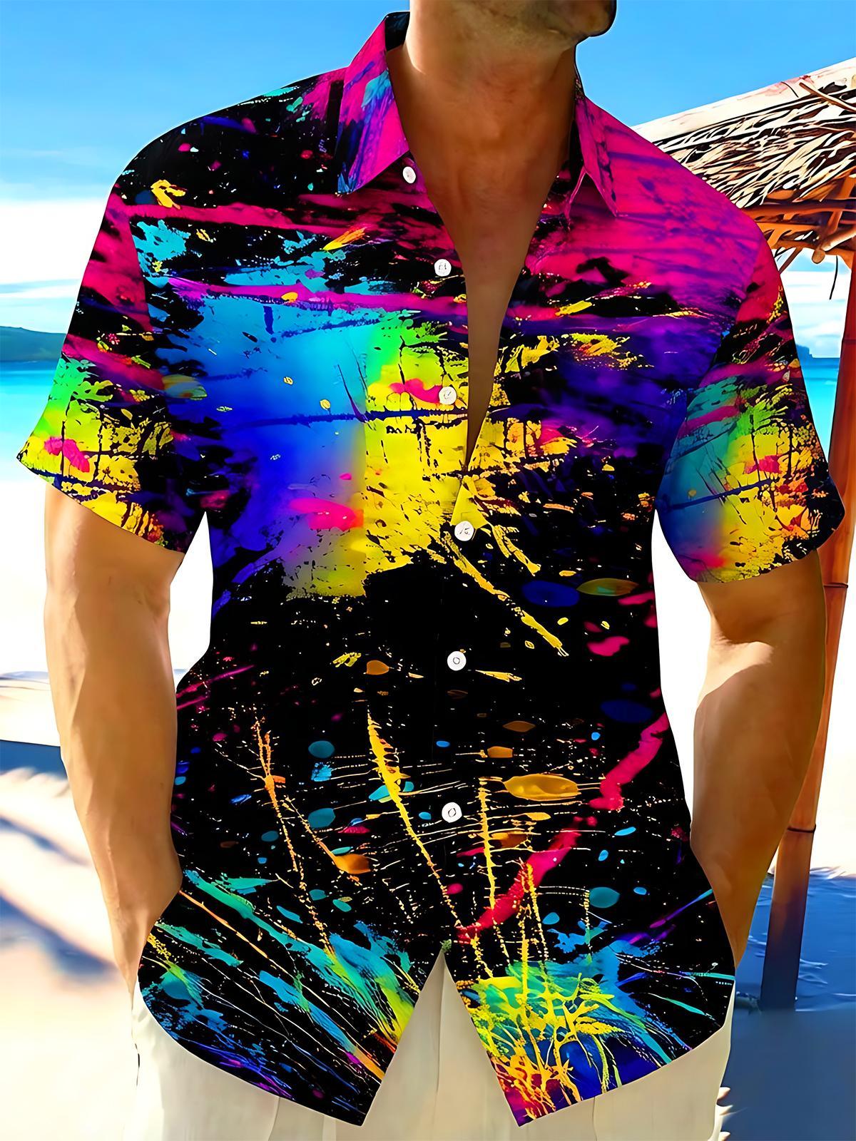 Neon Splash Ink Art Colorful Tie-Dye Men's Pocket Short Sleeve Shirts