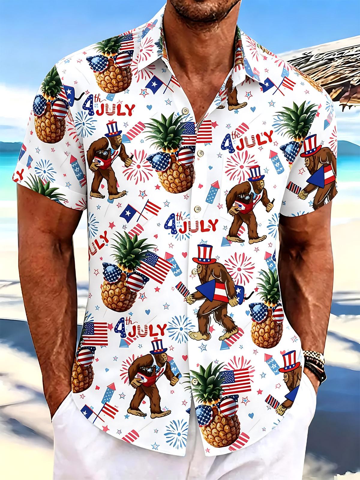Independence Day Bigfoot Pineapple American Flag Print Men's Pocket Short Sleeve Shirts