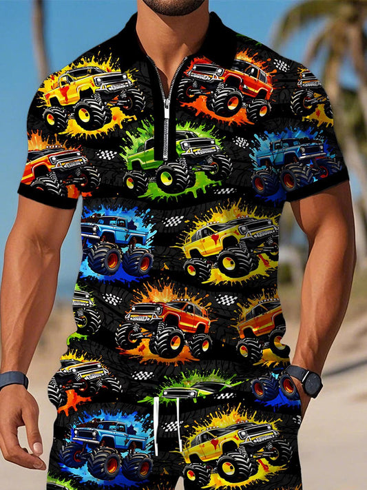 Car Print Men's Short Sleeve Zipper Polo Sets