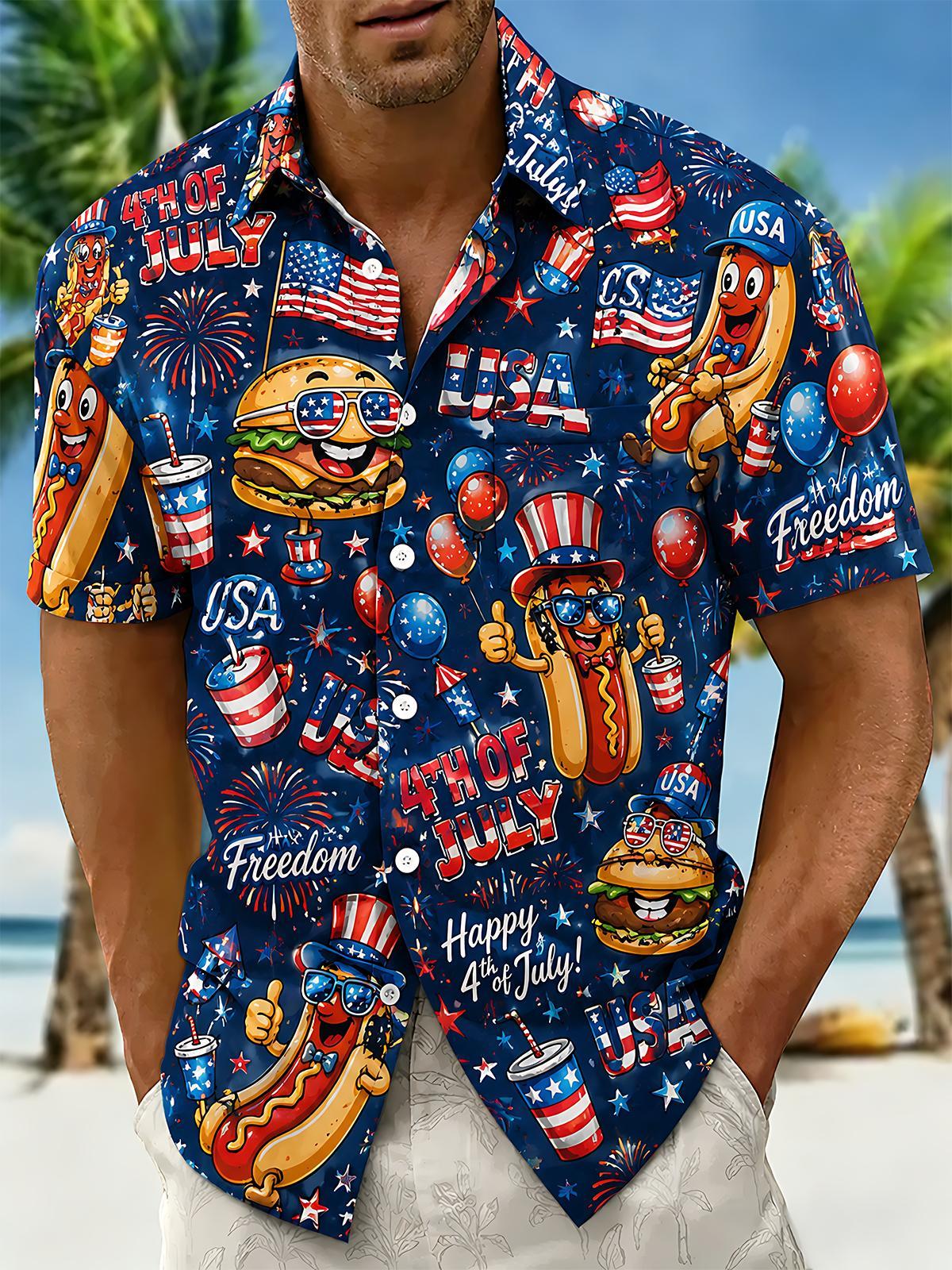 Fun USA Independence Day Hot Dog Hamburger Men's Pocket Short Sleeve Shirts