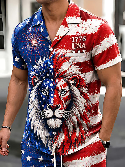 Independence Day American Flag Lion Men's Pocket Short Sleeve Set