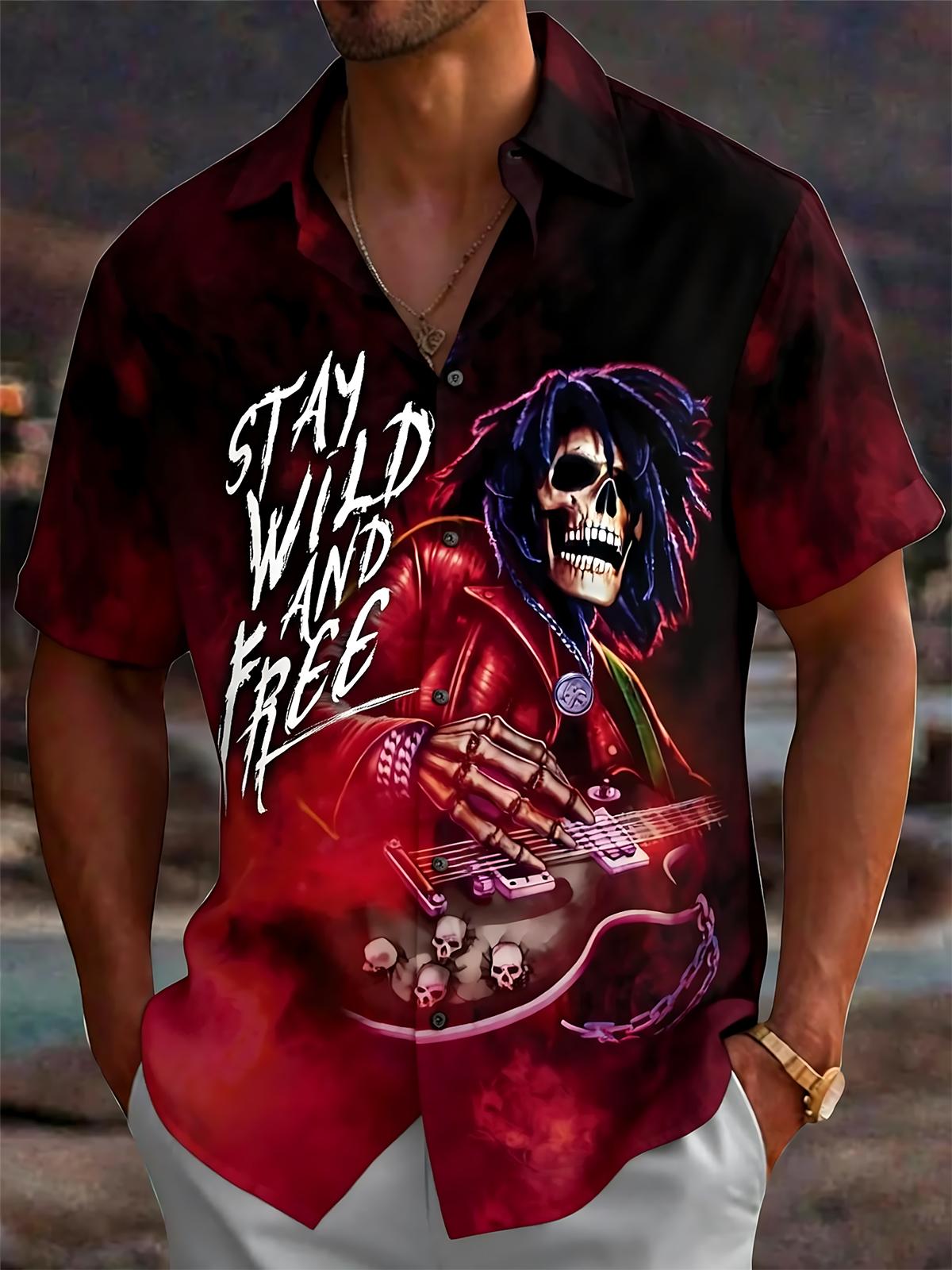 Musical Rock Skull Print Men's Pocket Short Sleeve Shirts