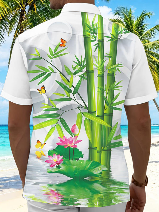 3D Bamboo Lotus Butterfly Men's Pocket Short Sleeve Shirts
