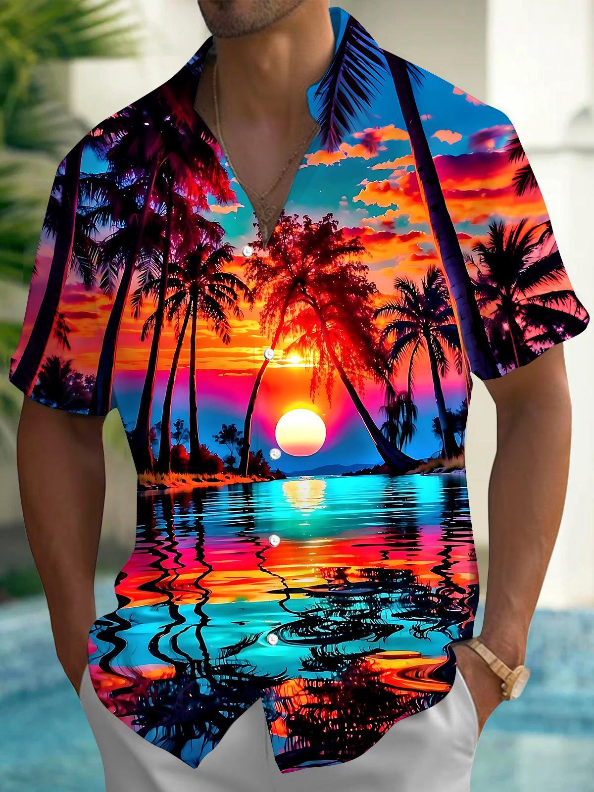 Hawaiian Sunset Coconut Trees Men's Pocket Short Sleeve Shirts