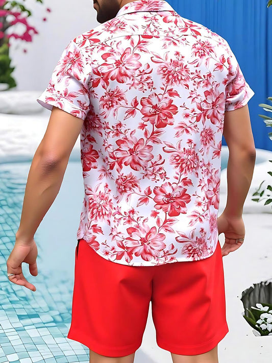 Hawaiian Floral Men's Short Sleeve Pocket Shirts And Shorts Set