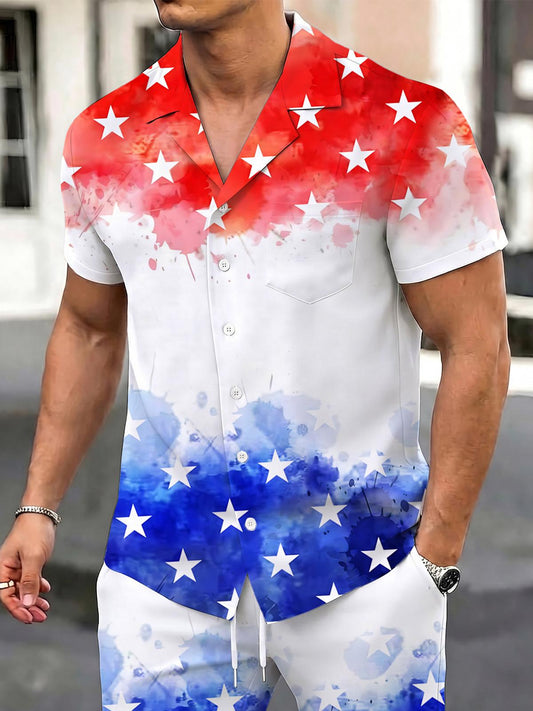 Independence Day Gradient Print Men's Pocket Short Sleeve Sets
