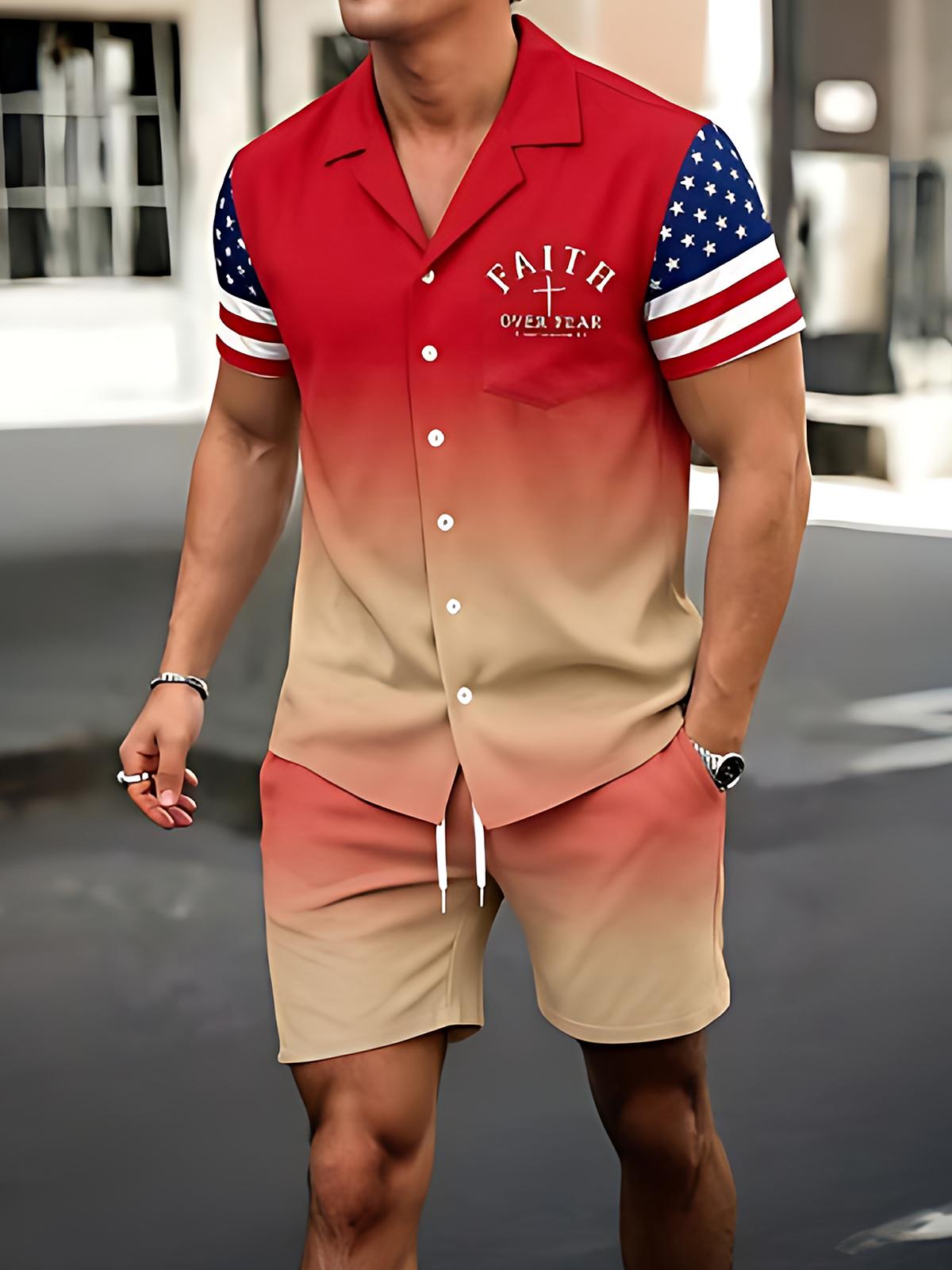 Independence Day Faith Over Fear Gradient American Flag Men's Pocket Short Sleeve Shirts