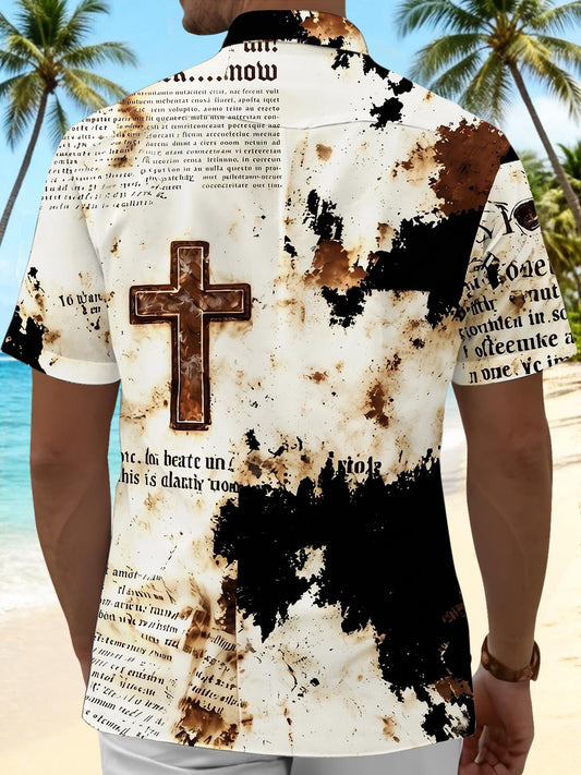Vintage Cross Religion Distressed Print Men's Pocket Short Sleeve Shirts