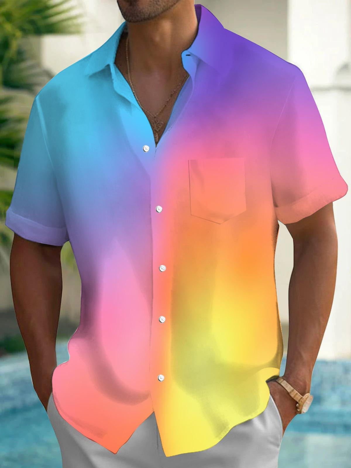 Gradient Print Men's Pocket Short Sleeve Shirts