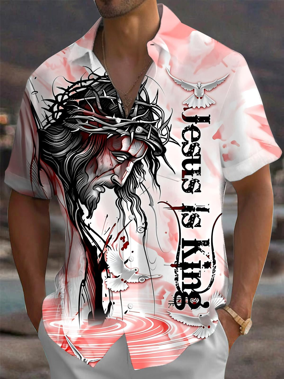 Christian Jesus Print Men's Pocket Short Sleeve Shirts