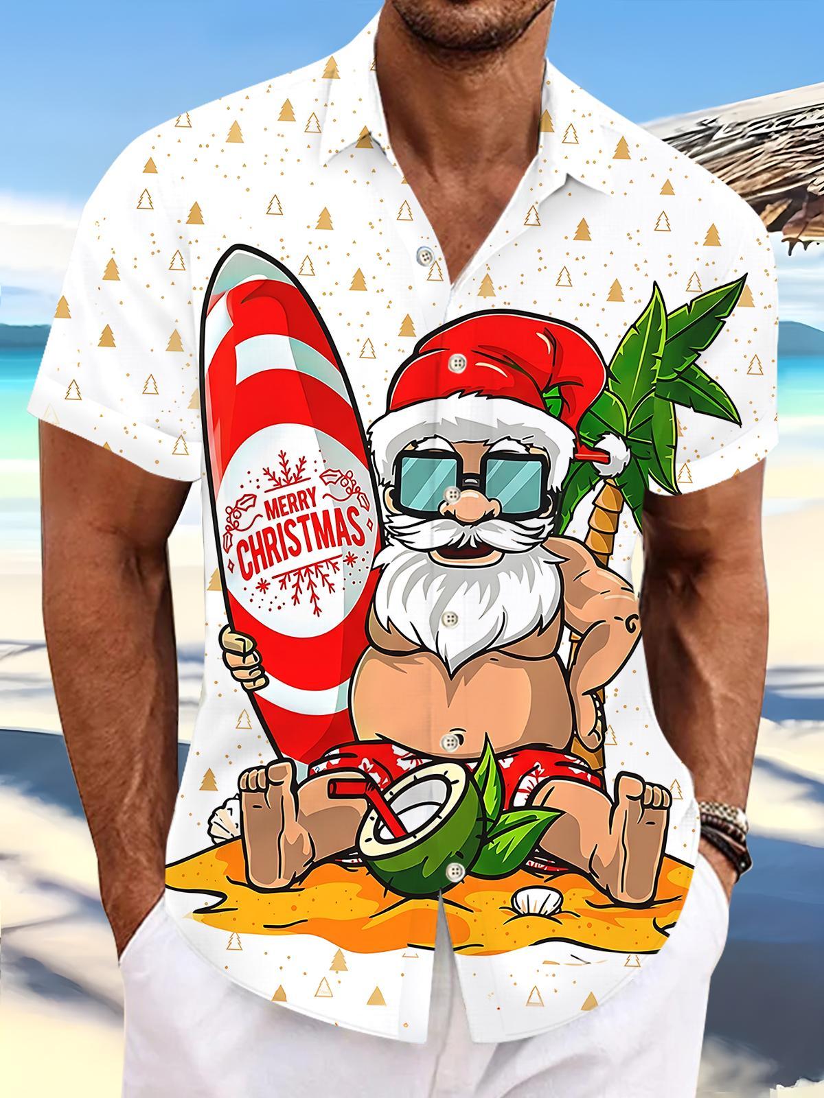 Santa Claus Surfing Men's Pocket Short Sleeve Shirts