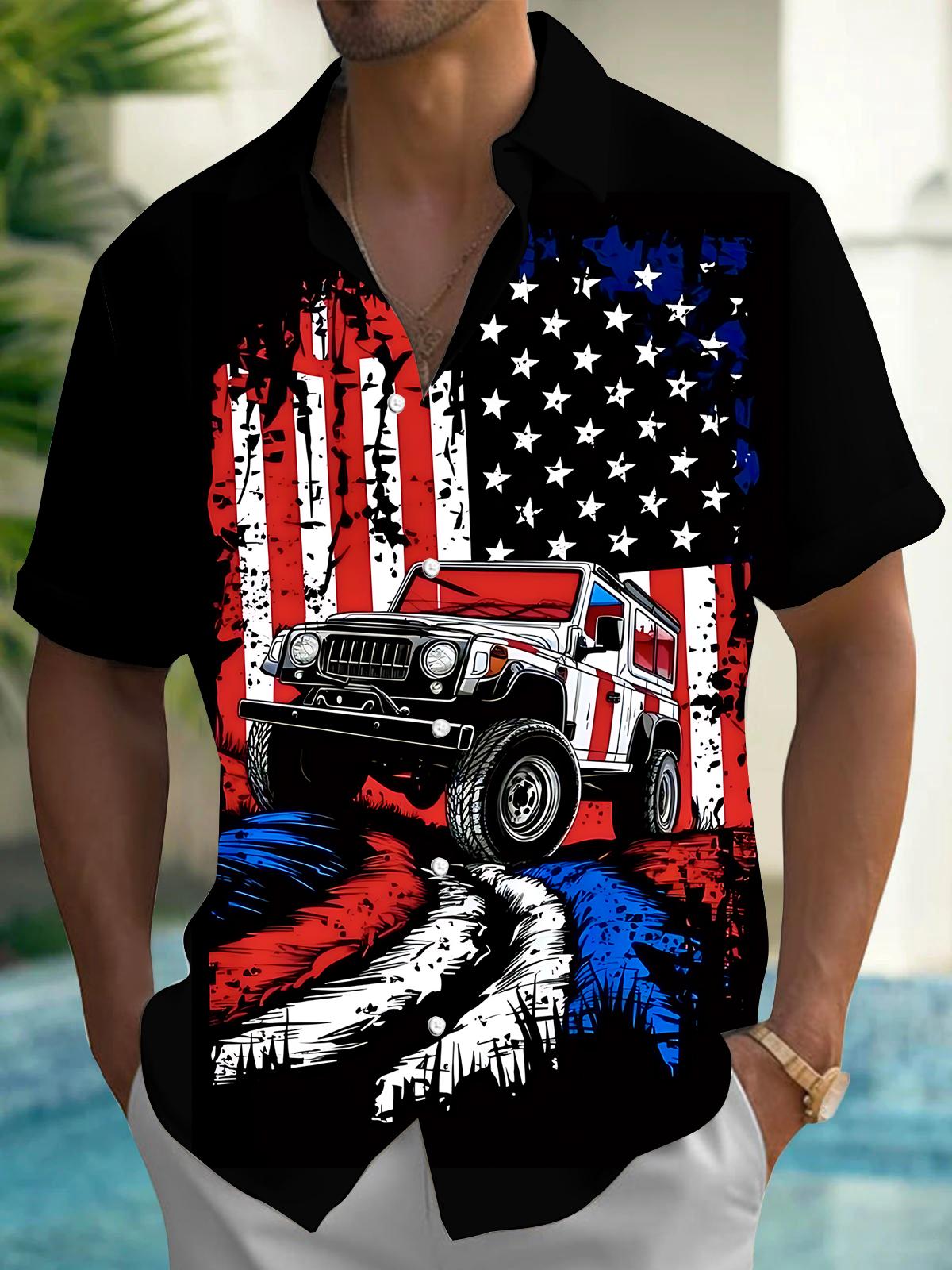 Independence American Flag Jeep Men's Pocket Short Sleeve Shirts