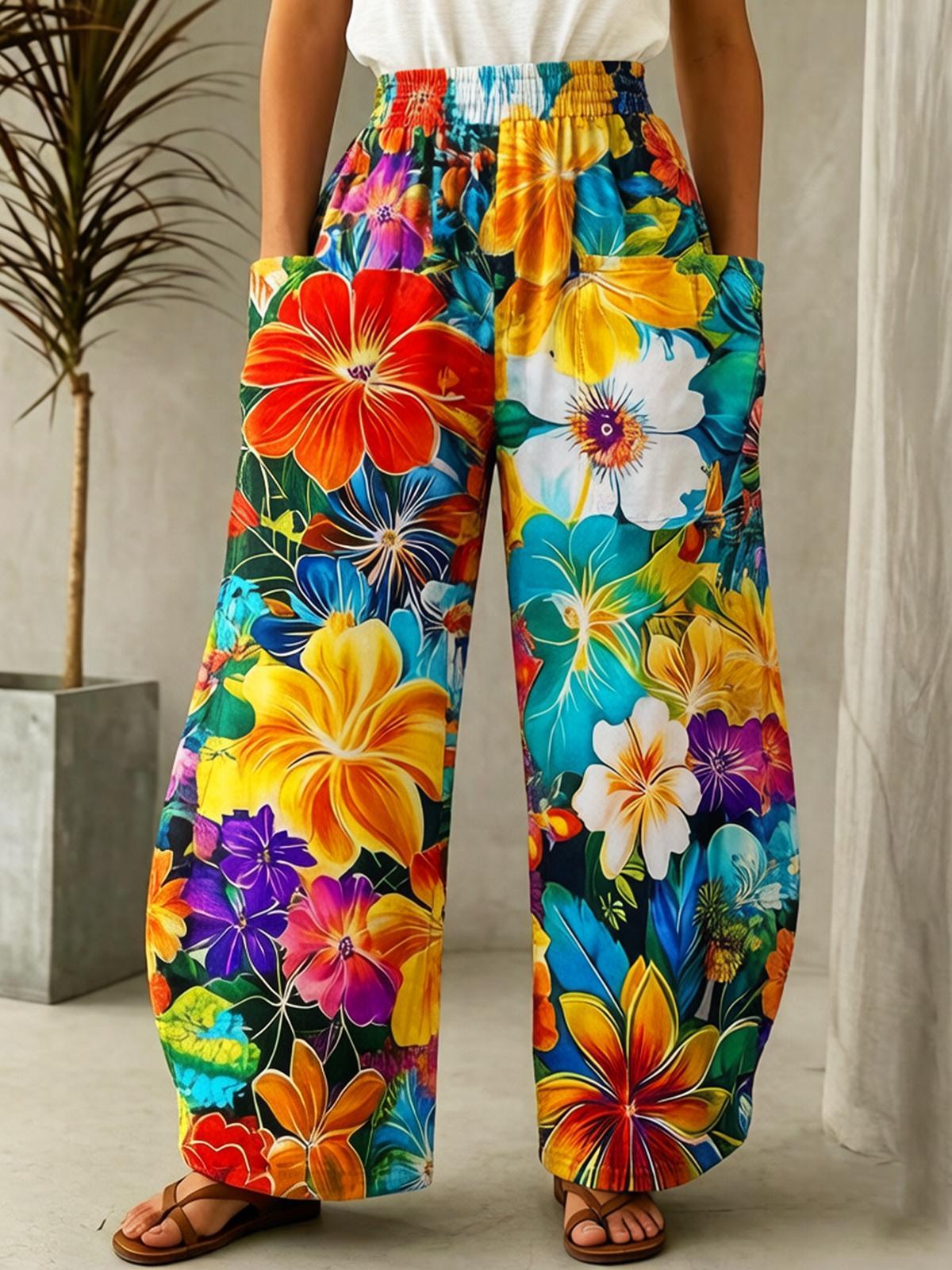 Colorful Tropical Flower Print Casual Pants