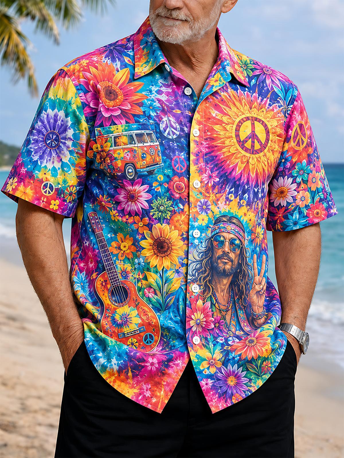 Hippie Peace Flower Colorful Tie-Dye Men's Pocket Short Sleeve Shirts