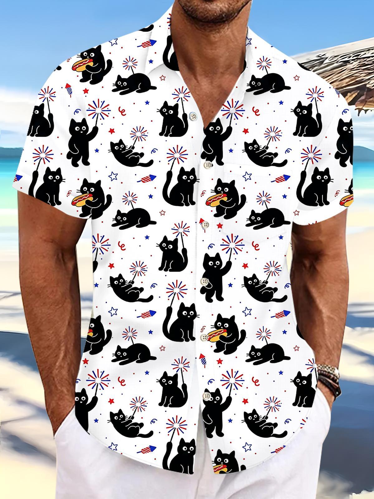 Independence Cat Hot Dog Firework Men's Pocket Short Sleeve Shirts
