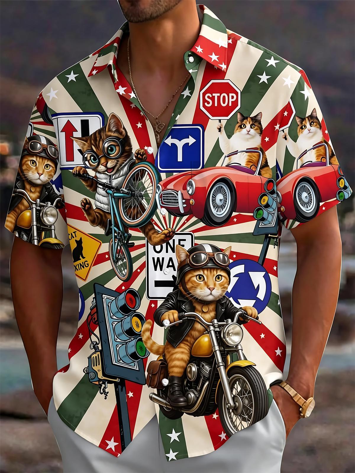 Cartoon Cat Motorcycle Print Men's Pocket Short Sleeve Shirts