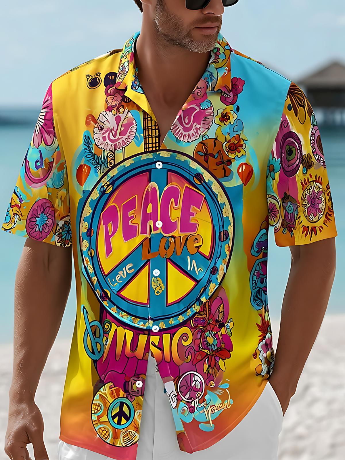 Hippie Music Print Men's Pocket Short Sleeve Shirts