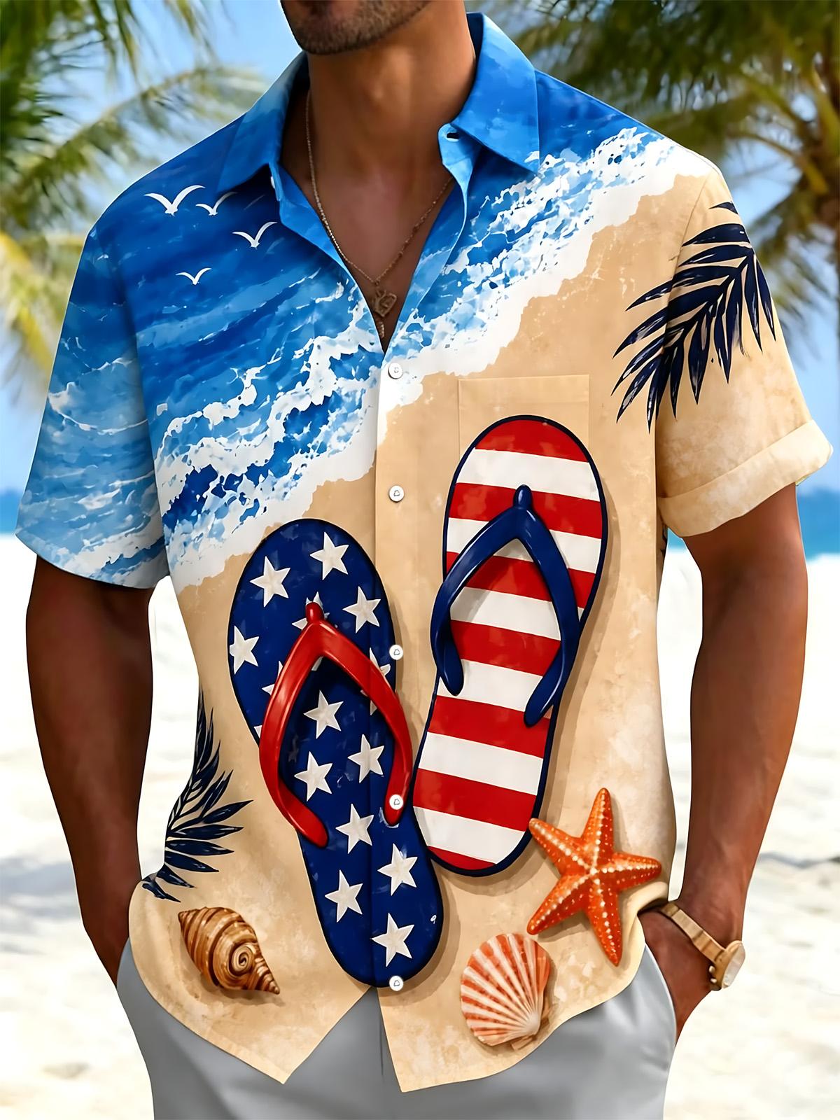 Hawaiian beach American Flag Flip Flops Print Men's Pocket Short Sleeve Shirts