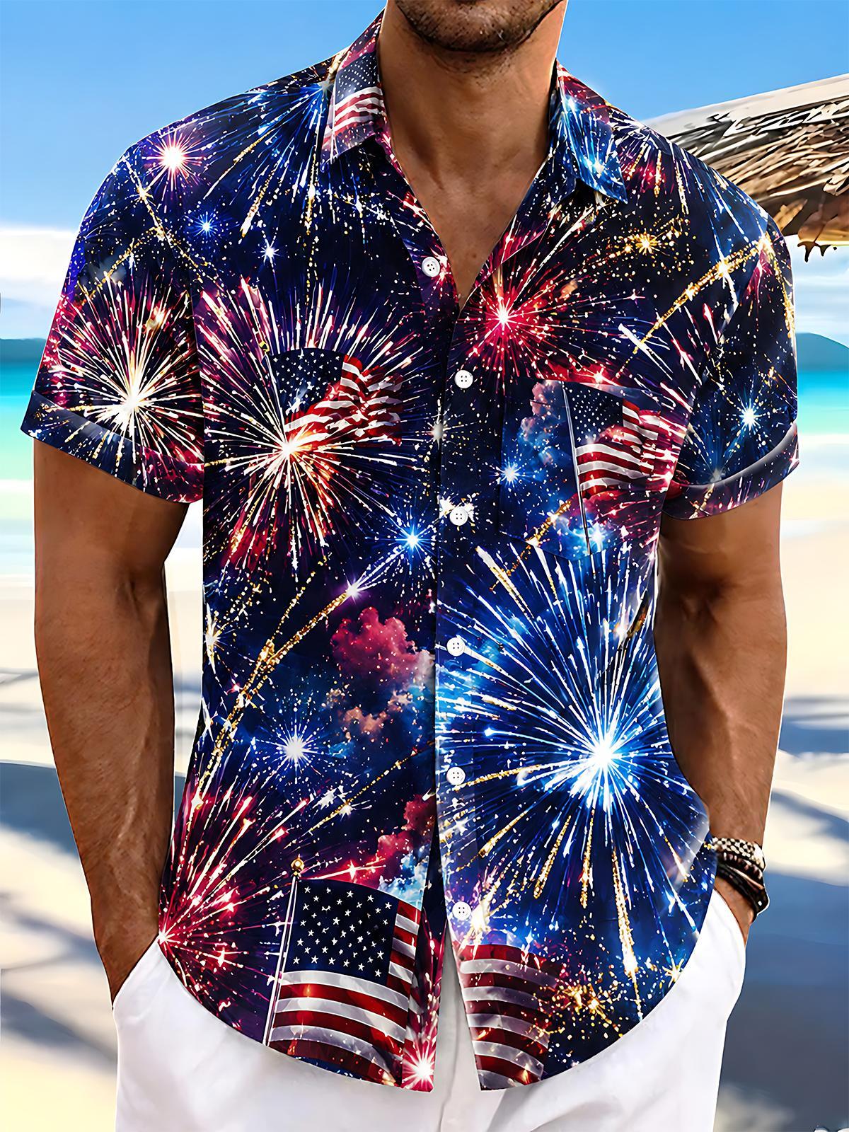 USA Independence Day Fireworks & Flag Men's Pocket Short Sleeve Shirts