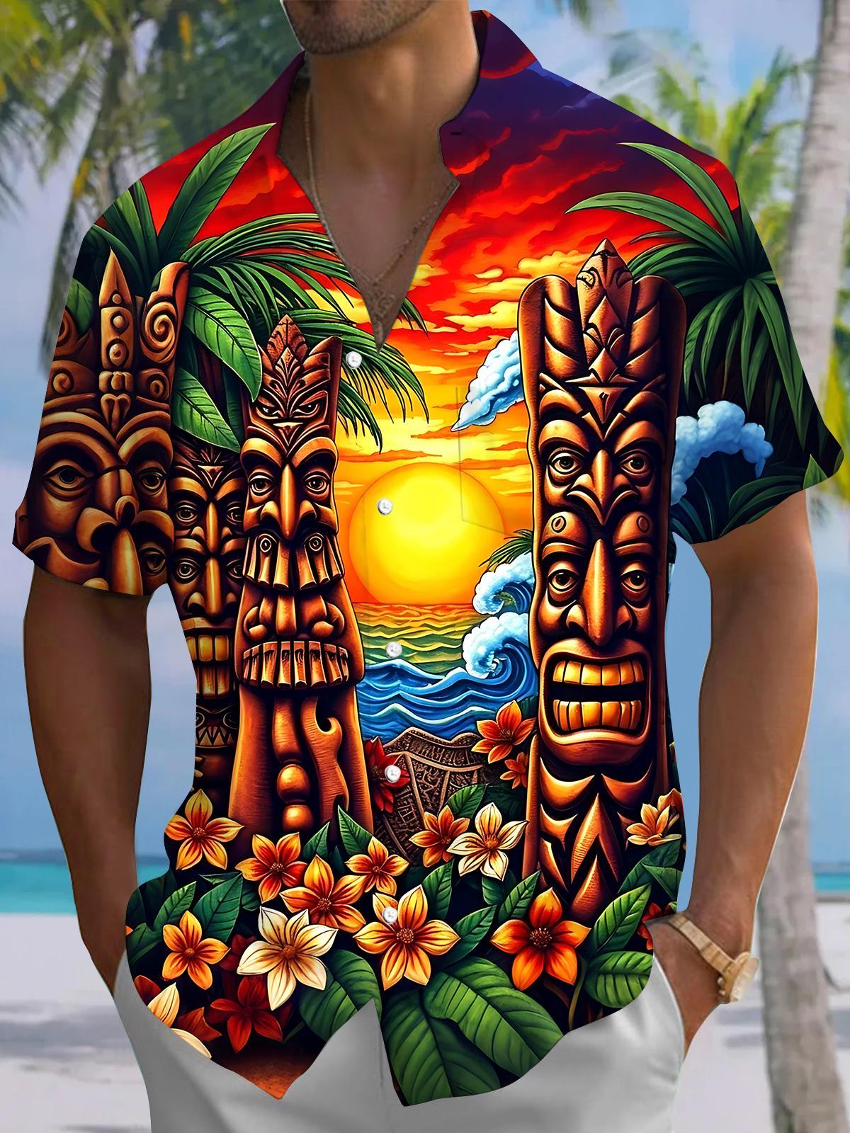 Hawaiian Tiki Sunset Floral Men's Pocket Short Sleeve Shirts