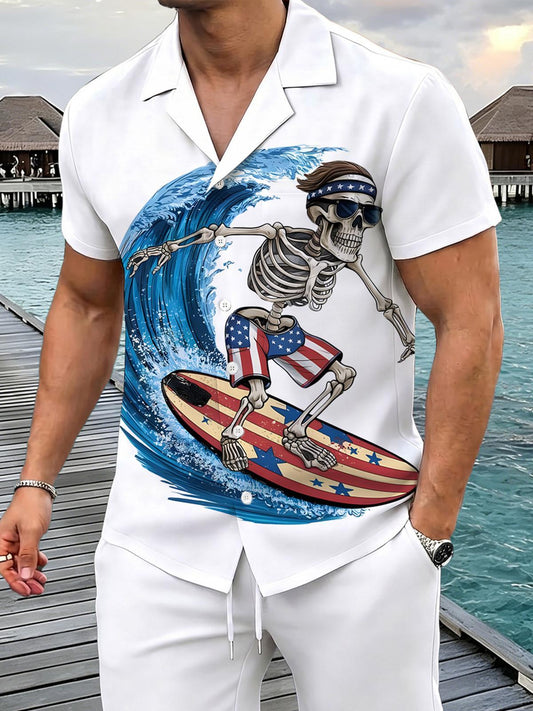 Independence Day Skull Print Men's Pocket Short Sleeve Set