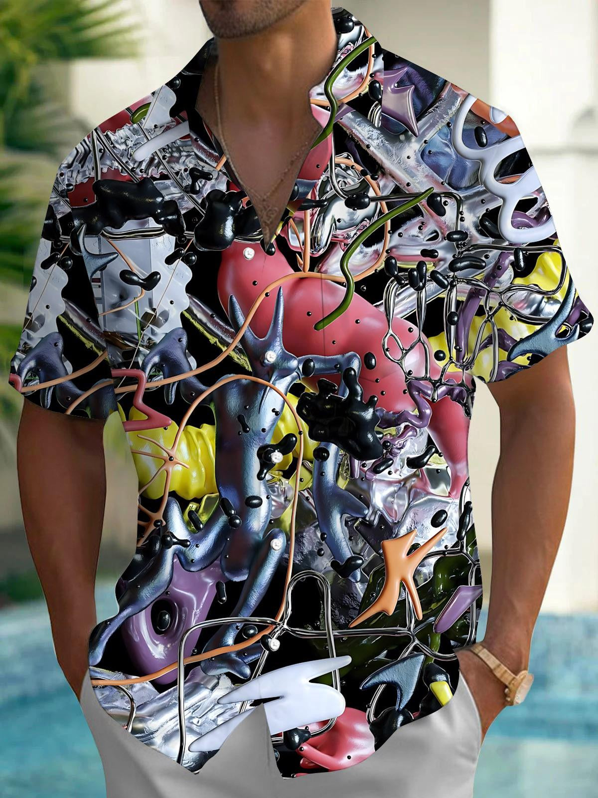 Abstract Line Print Men's Pocket Short Sleeve Shirts