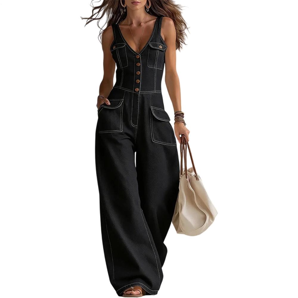 Denim Jumpsuits for Women V Neck Mid Waist Denim Sleeveless Wide Leg Jumpsuit with Pocket for Daily Wear unusual