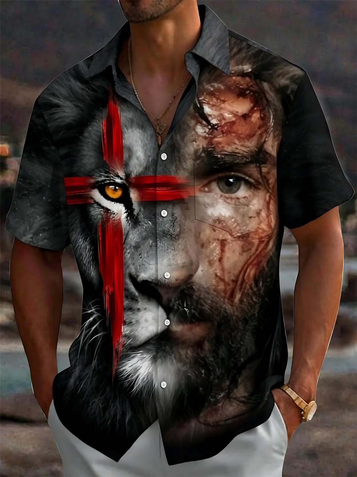 Christian Jesus print Men's Pocket Short Sleeve Shirts