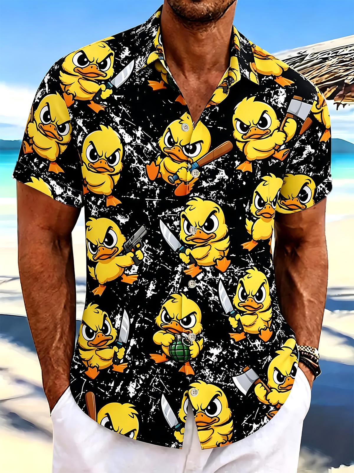 Funny Angry Duck Hawaiian Print Men's Pocket Short Sleeve Shirts