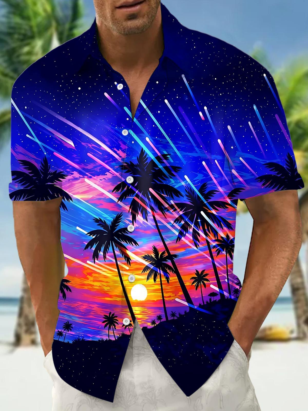 Hawaiian Coconut Tree Meteor Men's Pocket Short Sleeve Shirts