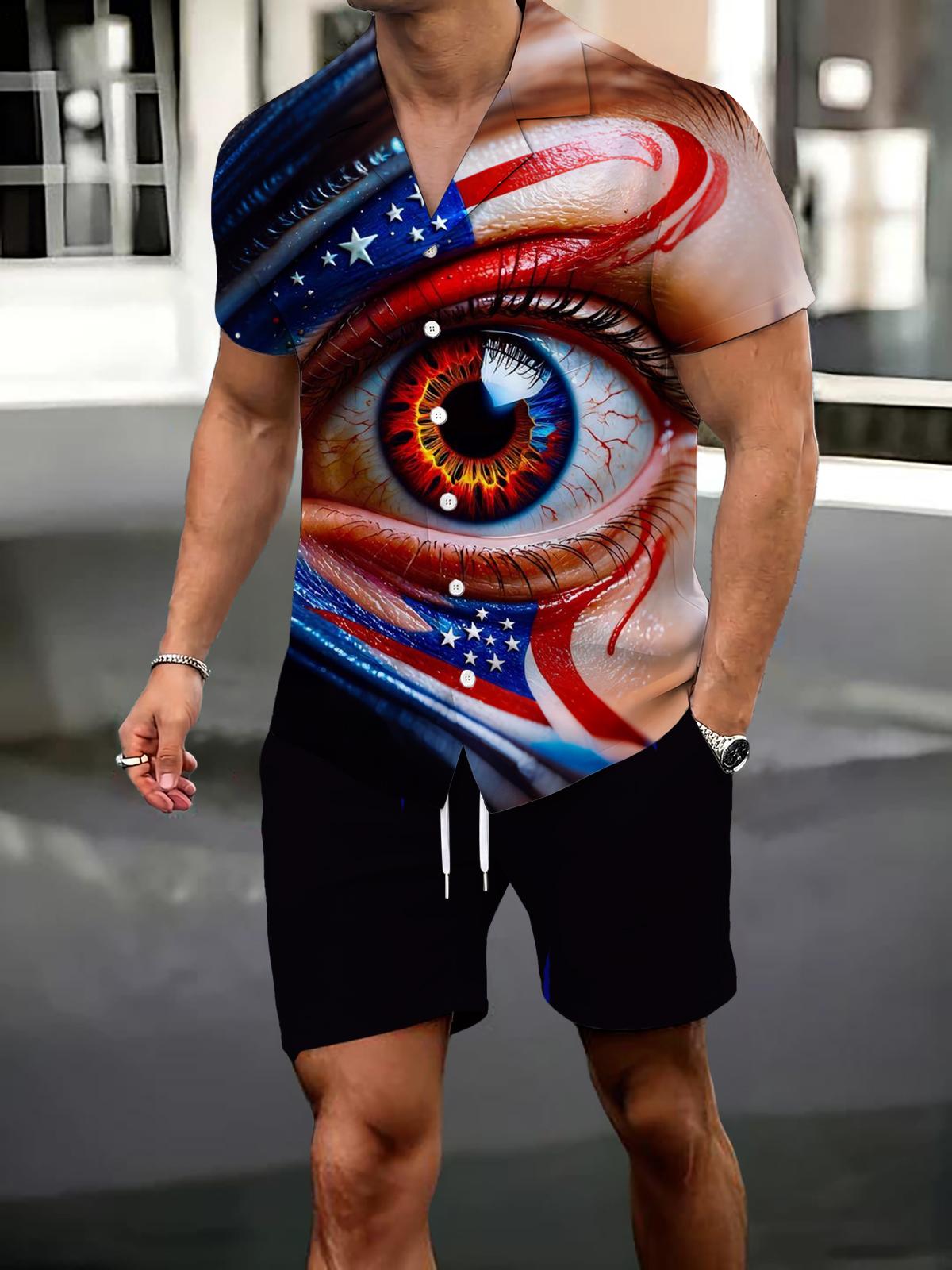 Independence Day Eye Print Men's Pocket Short Sleeve Shirts