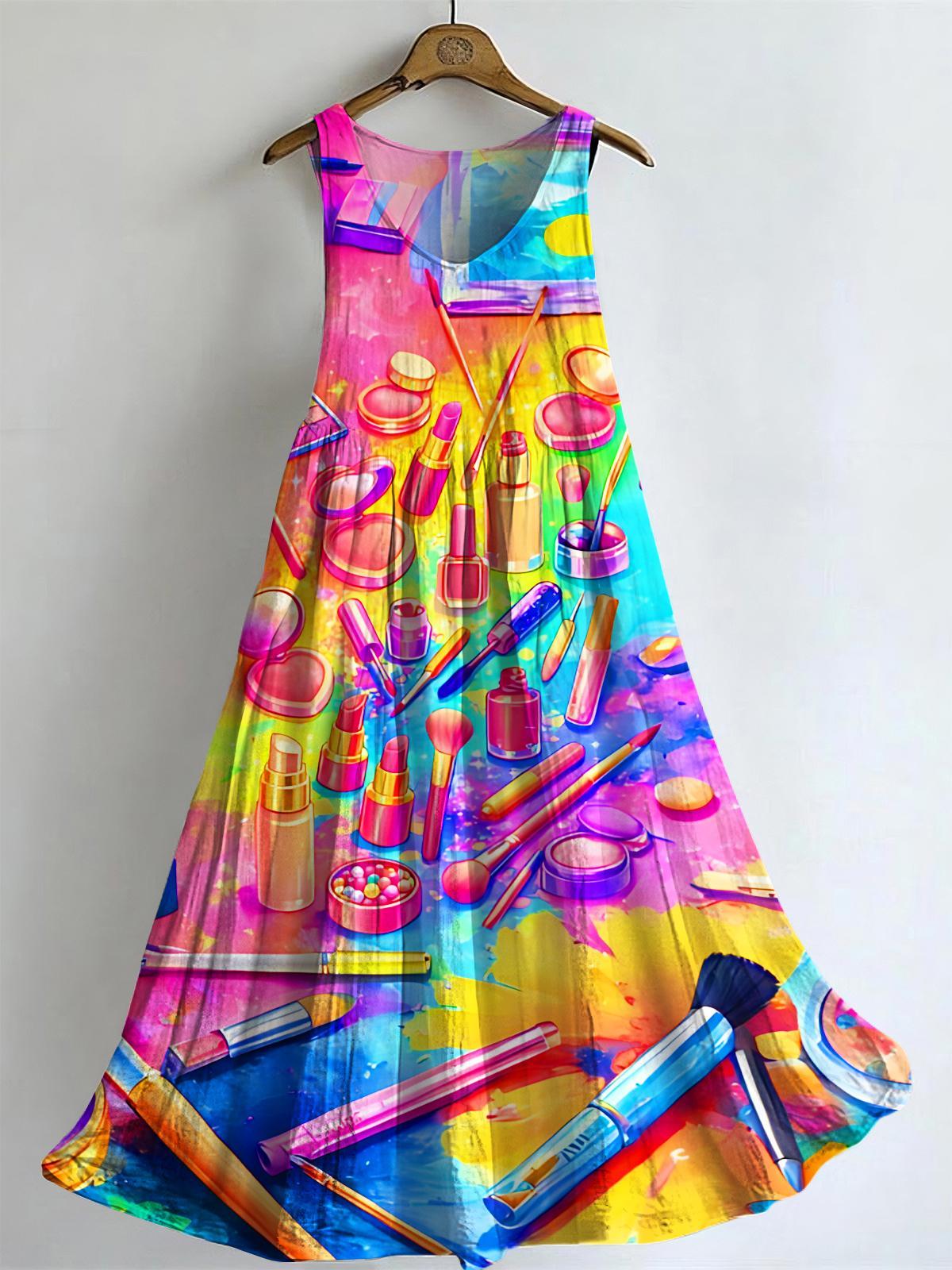 Colorful Cosmetics Tie Dye V-neck Bamboo Linen Sleeveless Dress