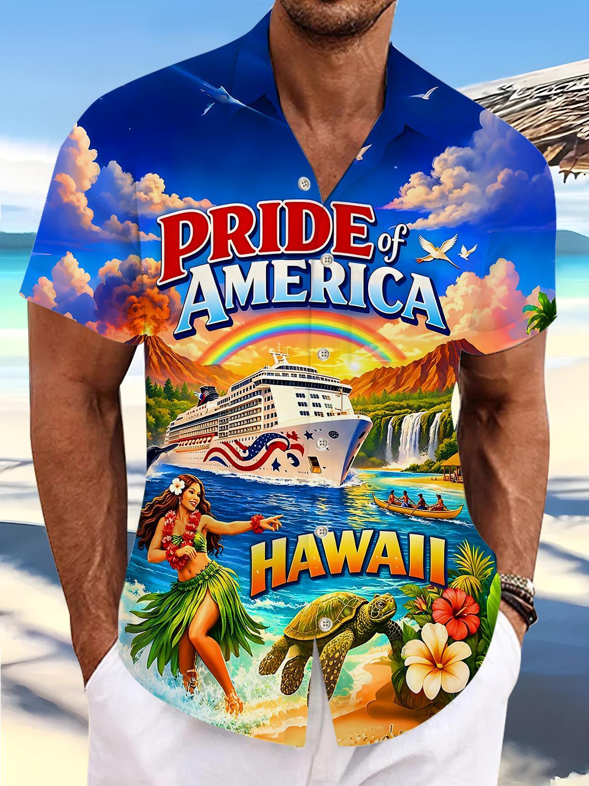 Hawaiian Hula Girl American Pride Cruise Vacation Turtle Men's Pocket Short Sleeve Shirts