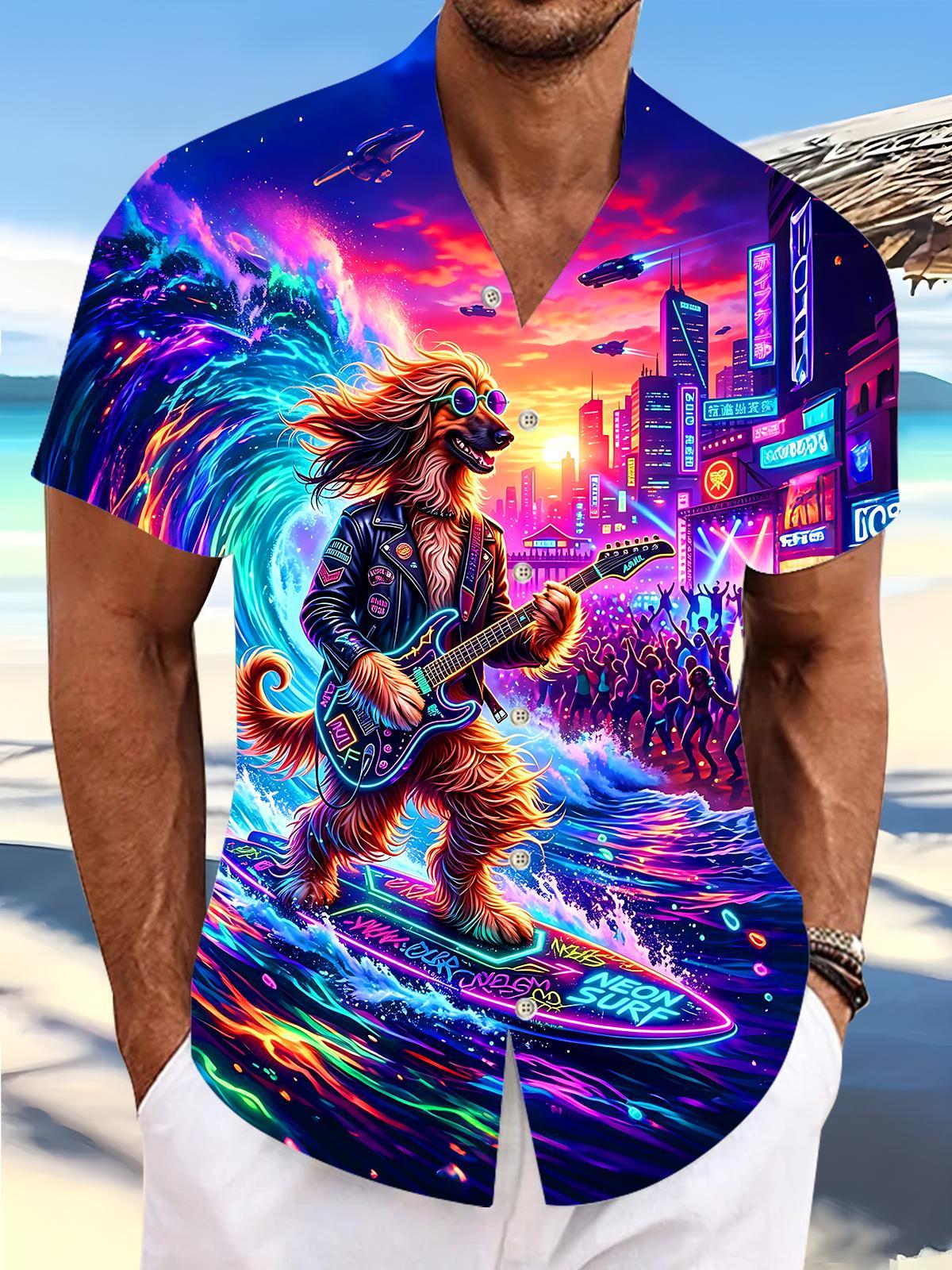 Cyberpunk Rock Surfing Dog Men's Pocket Short Sleeve Shirts