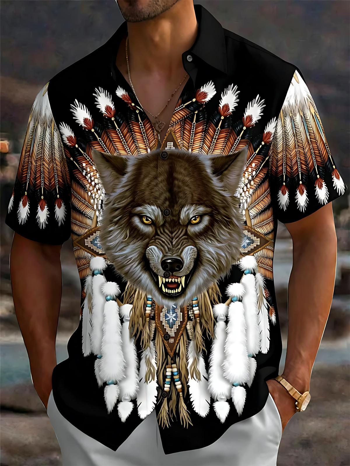 Wolf Print Men's Pocket Short Sleeve Shirts