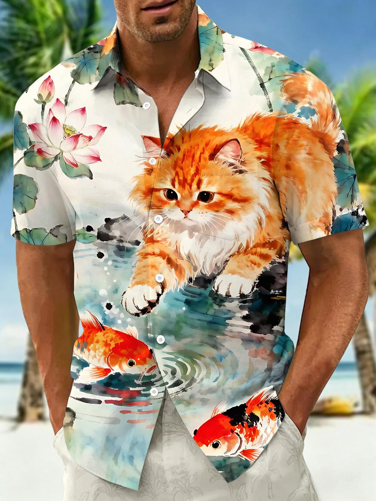 Art Ink Wash Orange Cat Koi Lotus Men's Pocket Short Sleeve Shirts
