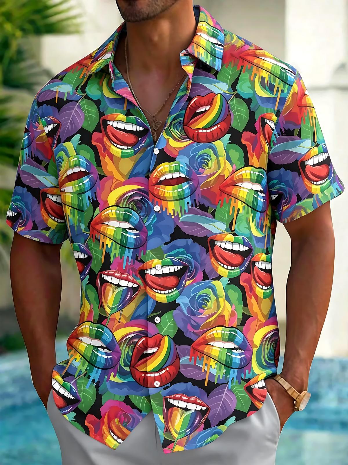 Pride Moon Mouth Print Men's Pocket Short Sleeve Shirts