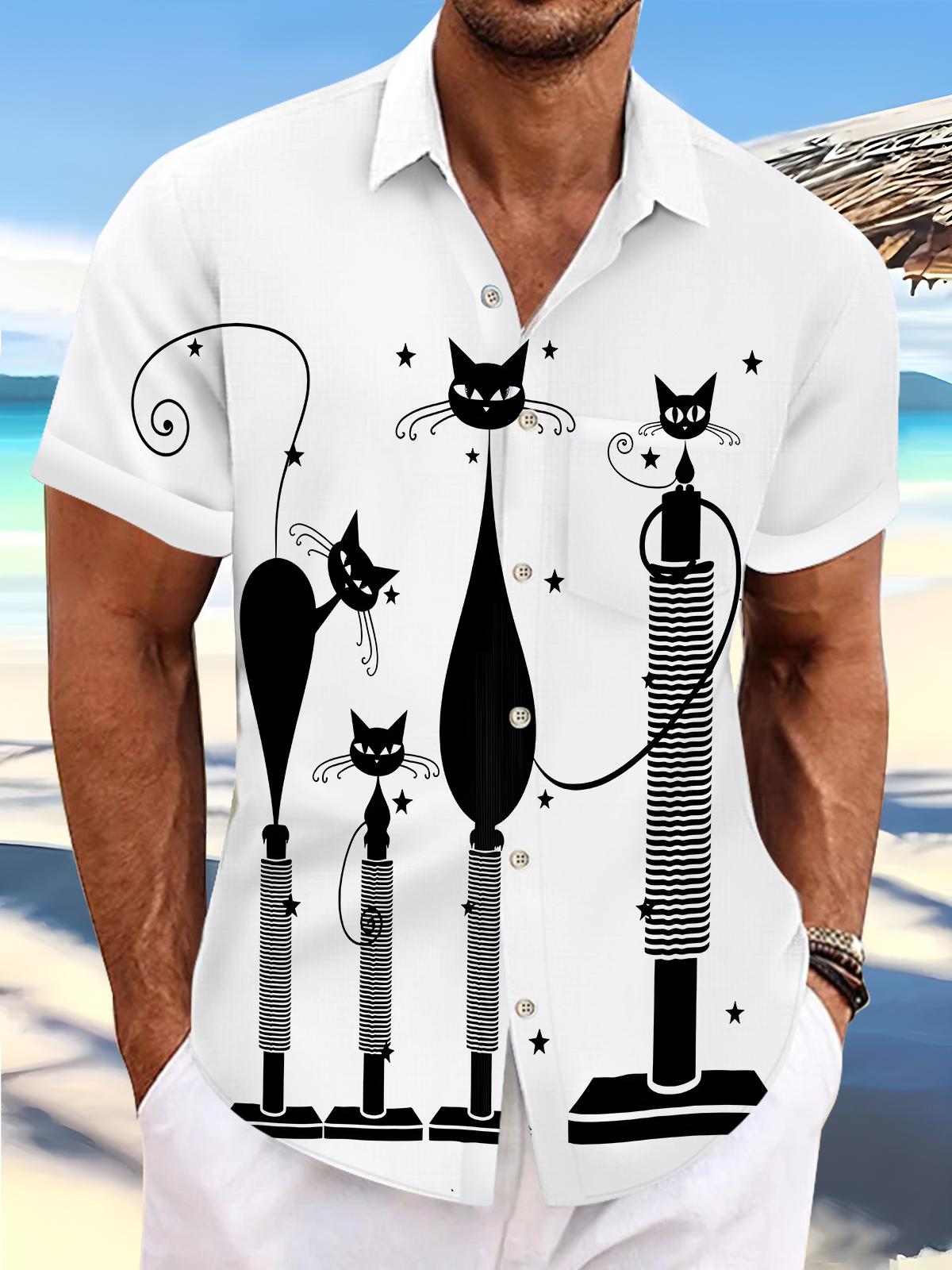Retro Cartoon Black Cat Men's Pocket Short Sleeve Shirts
