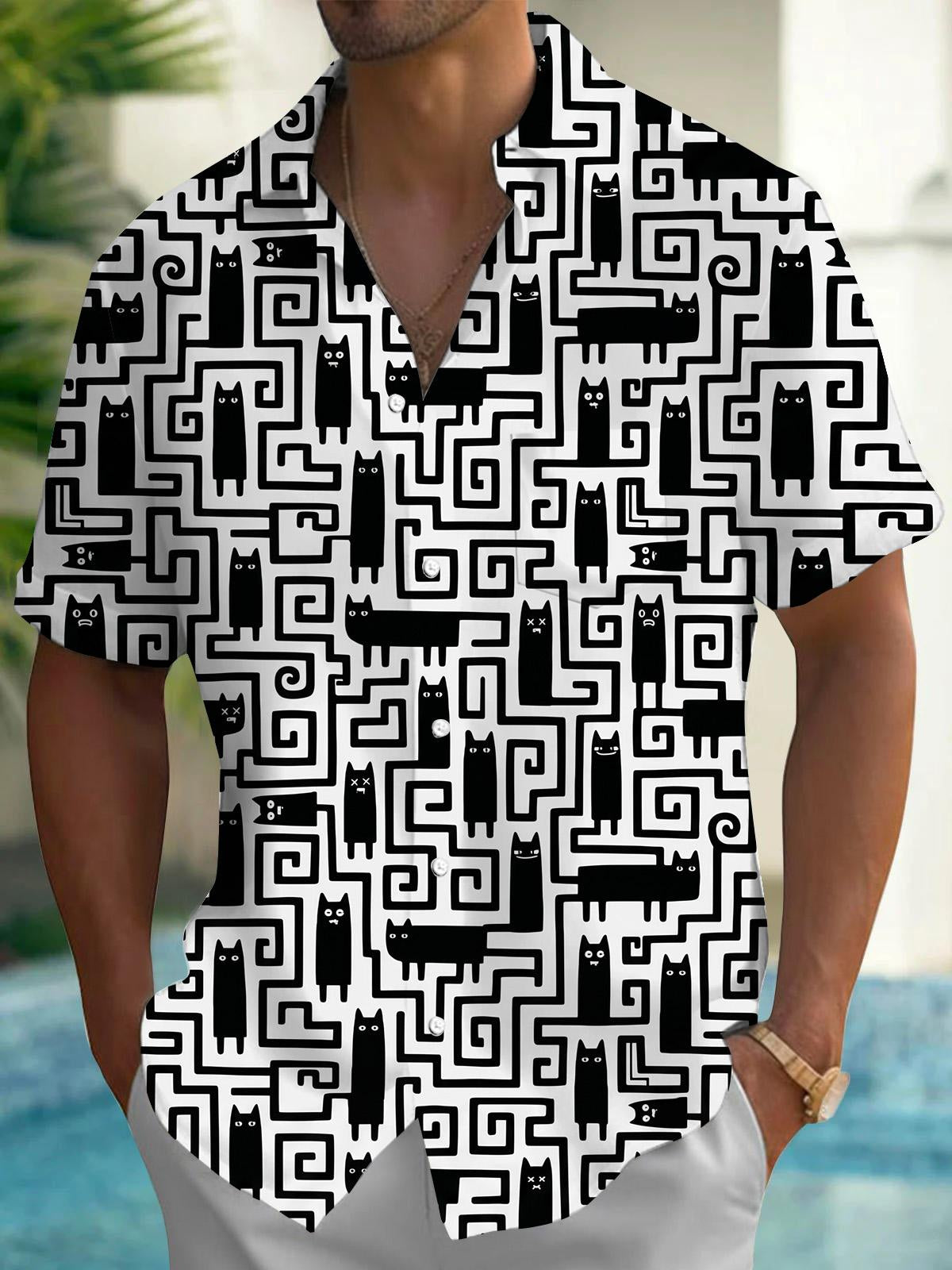 Geometric Cat Print Men's Pocket Short Sleeve Shirts