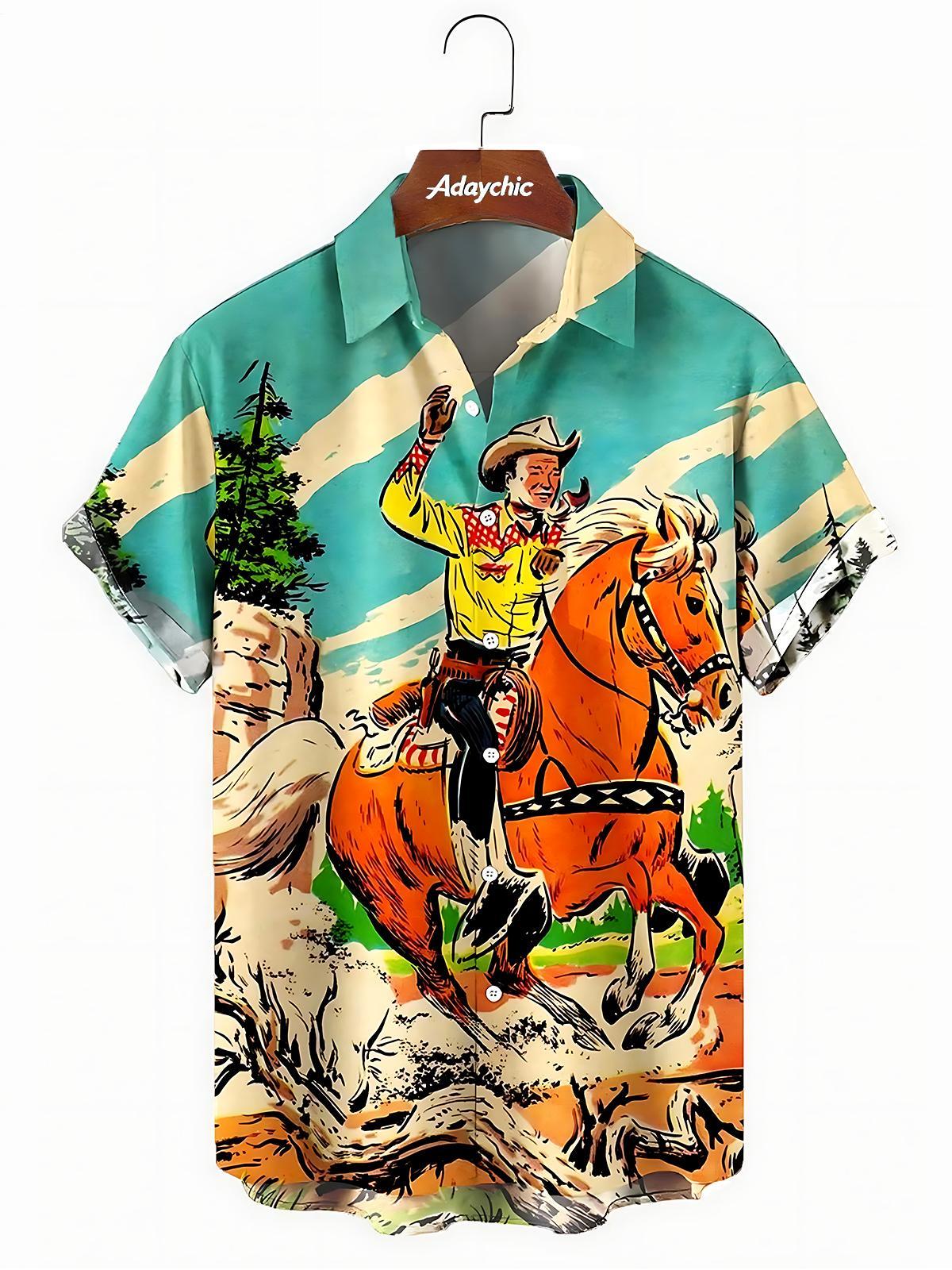 Retro Western Cowboy Men's Pocket Short Sleeve Shirts