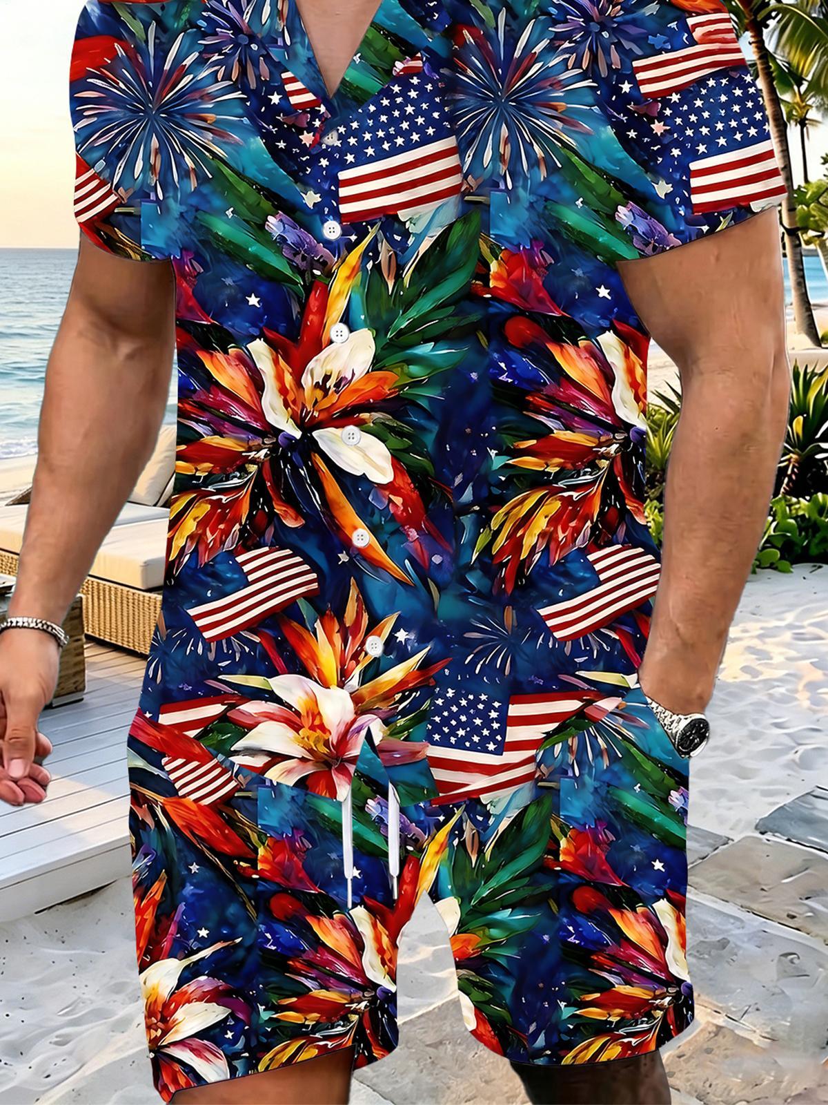 Independence American Flag Floral Men's Print Pocket Shorts
