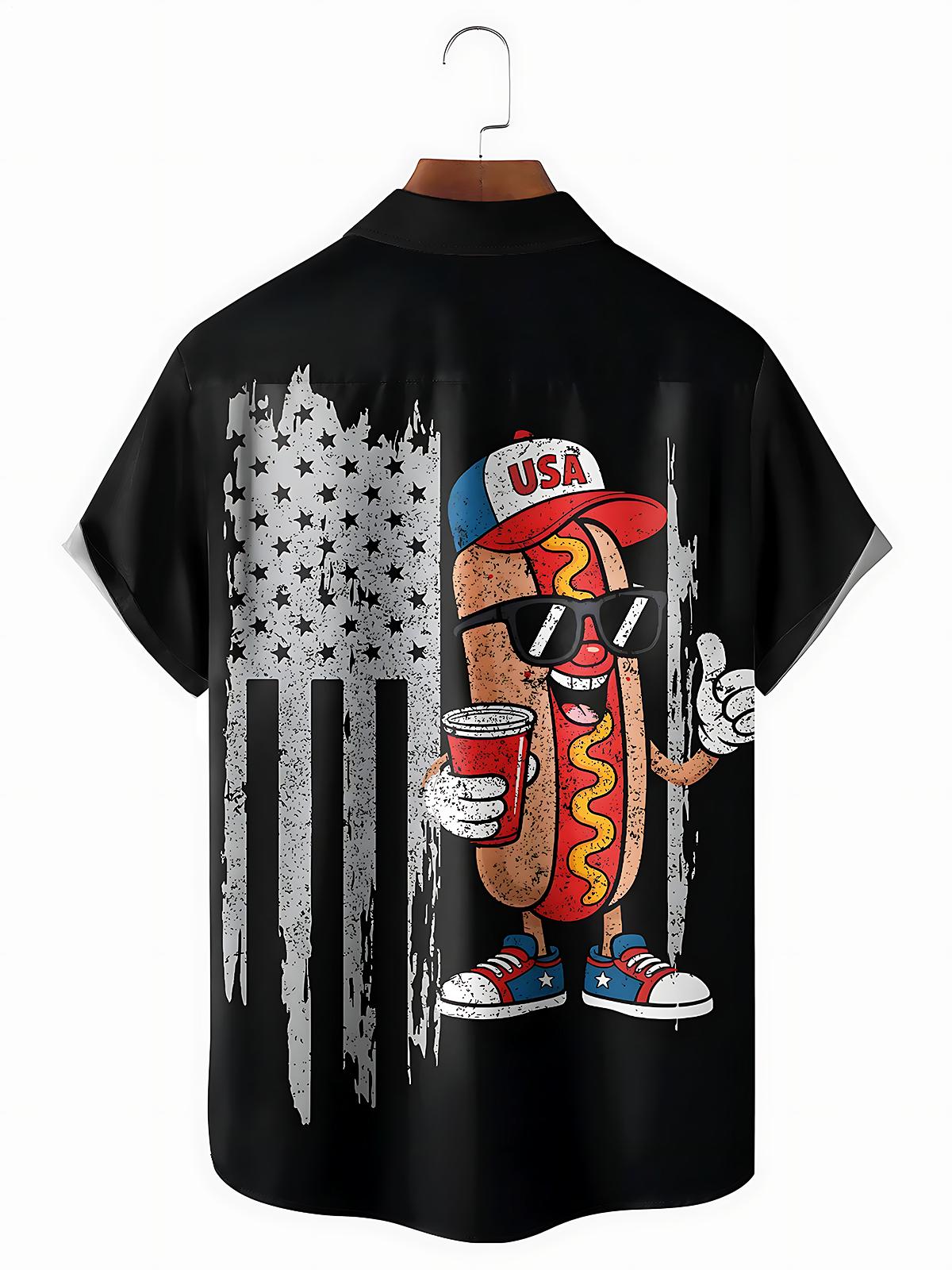 Independence American Flag Hot Dog Men's Pocket Short Sleeve Shirts
