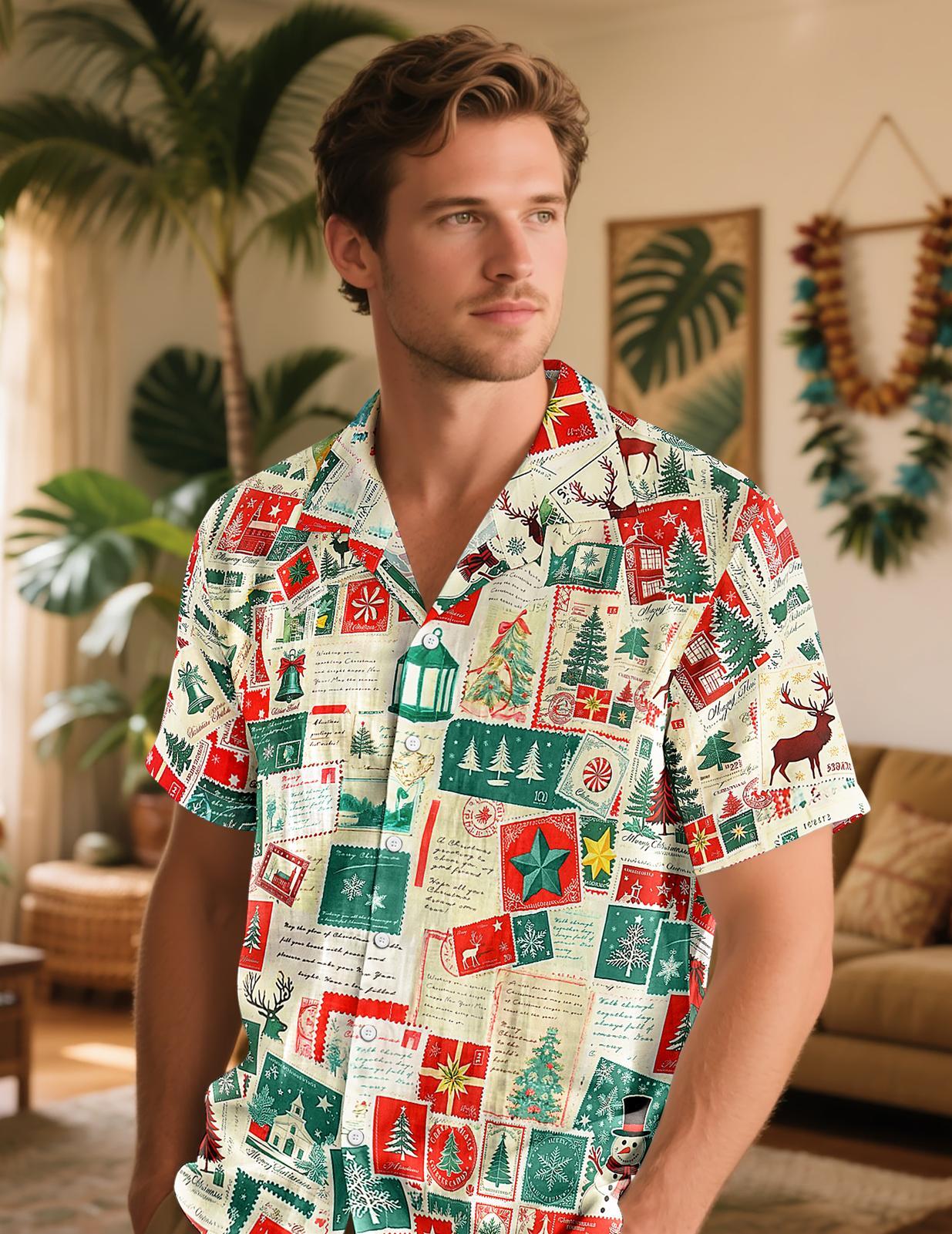 Men Christmas Shirt Button Down Vintage Stamp Christmas Print Lapel Collar Button Down Shirts for Beach Vacation Travel responsible