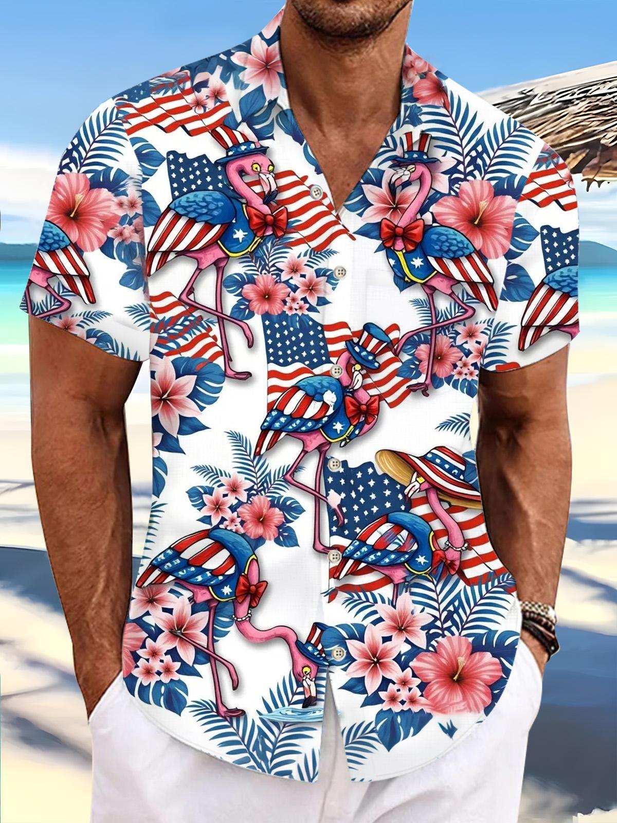 Independence Day Flamingo Flower Print Men's Pocket Short Sleeve Shirts
